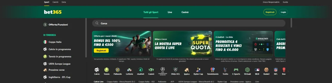 Il sito web di Bet365 Svizzera