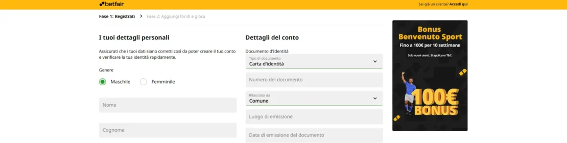 registrazione betfair – passo due
