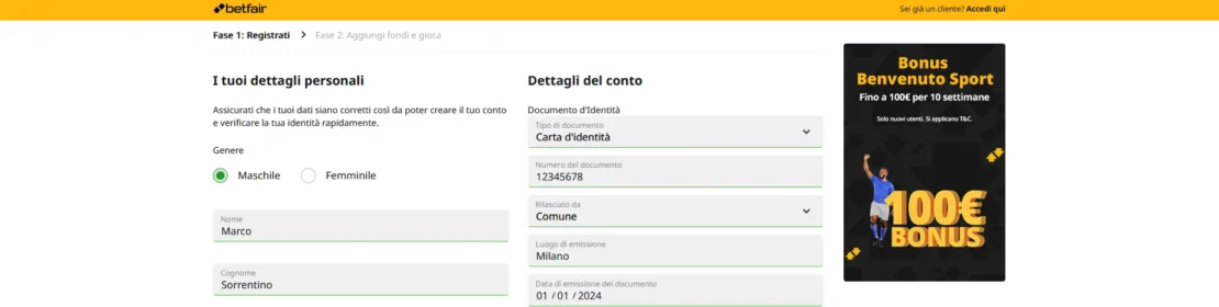 registrazione betfair – passo tre