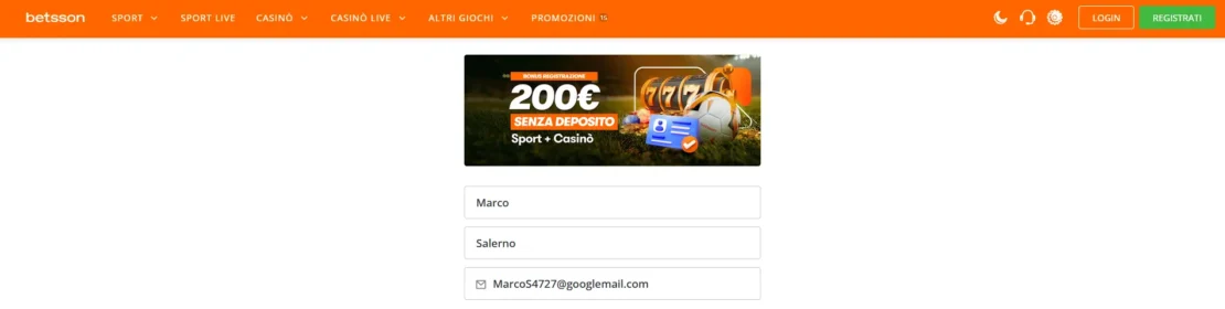 registrazione betsson – passo tre
