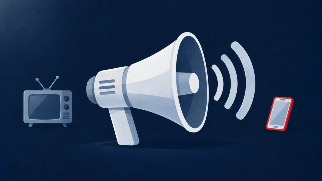 Megafono stilizzato con televisore e smartphone, simbolo delle campagne informative sul gioco responsabile