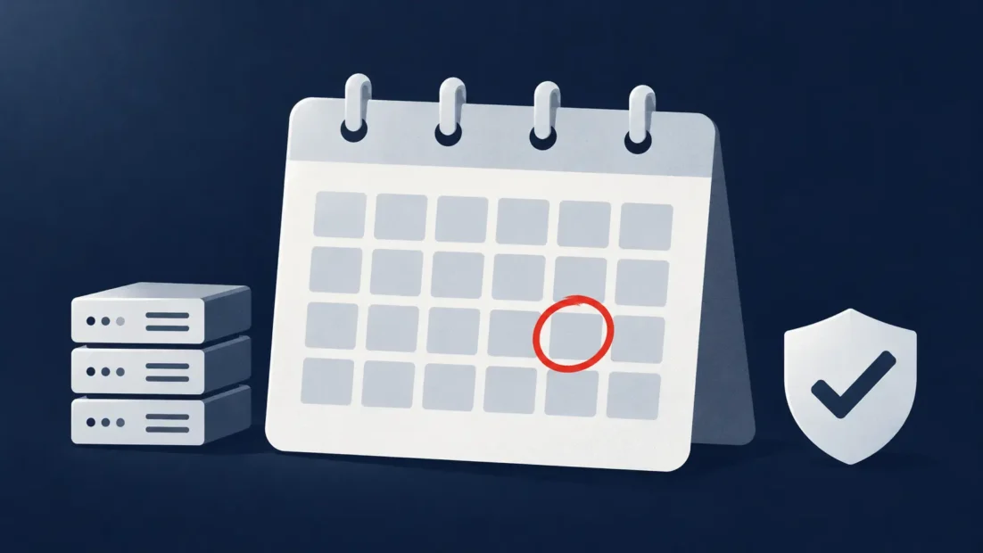 Calendario stilizzato con una data cerchiata in rosso, accanto un server e uno scudo con spunta