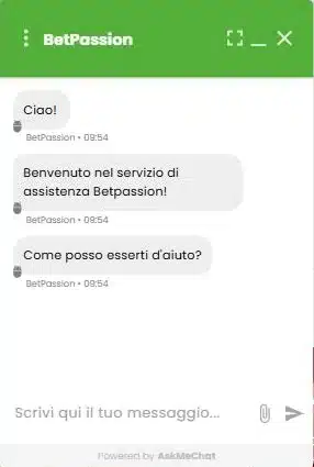 Betpassion contatti: finestra della chat in tempo reale aperta senza login