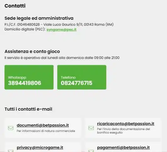 Betpassion contatti: WhatsApp, telefono ed email nella sezione Info