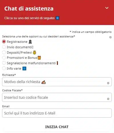 Assistenza Domusbet: modulo iniziale della chat con argomenti, richiesta e codice fiscale