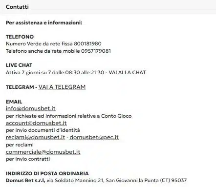 Assistenza Domusbet: pagina Contatti con numero verde, chat, Telegram ed email