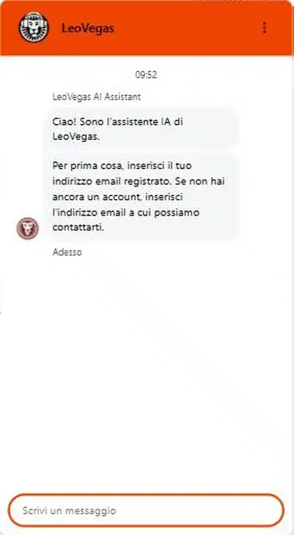 Assistenza LeoVegas: Live Chat con il primo messaggio dell’assistente IA che chiede l’email