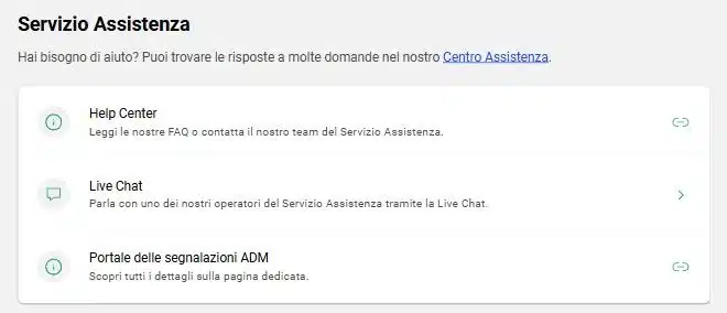 Assistenza LeoVegas: pagina Servizio Assistenza con Help Center, Live Chat e Portale ADM
