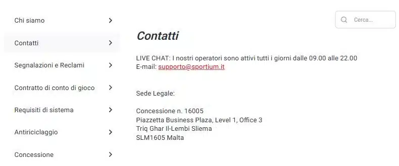 Assistenza Sportium: pagina Contatti con chat, email e orari