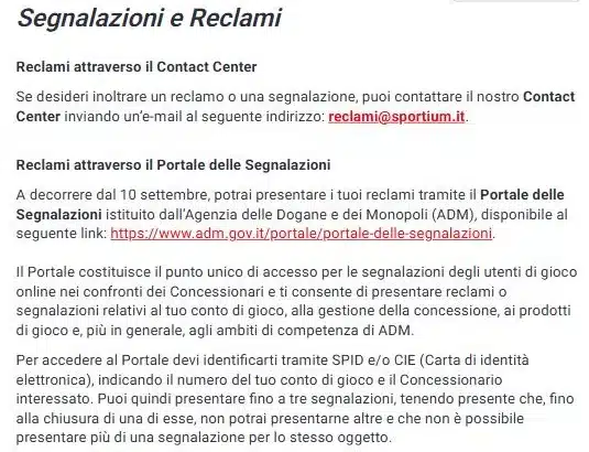 Assistenza Sportium: pagina Segnalazioni e reclami