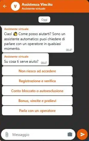 Assistenza Vincitù: chat con assistente virtuale e scelte rapide
