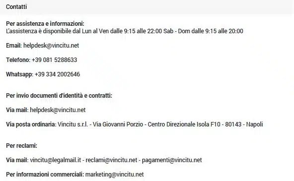 Assistenza Vincitù: pagina Contatti con telefono, WhatsApp ed email