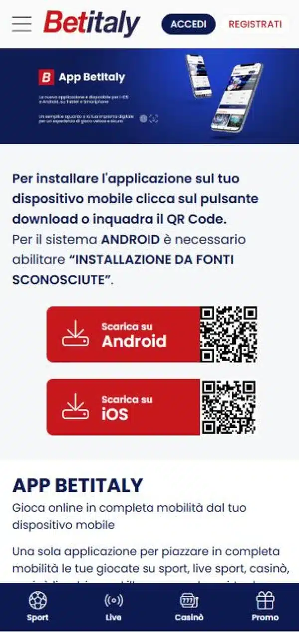 Betitaly app: la pagina betitaly.it/app con i tasti per Android e iOS