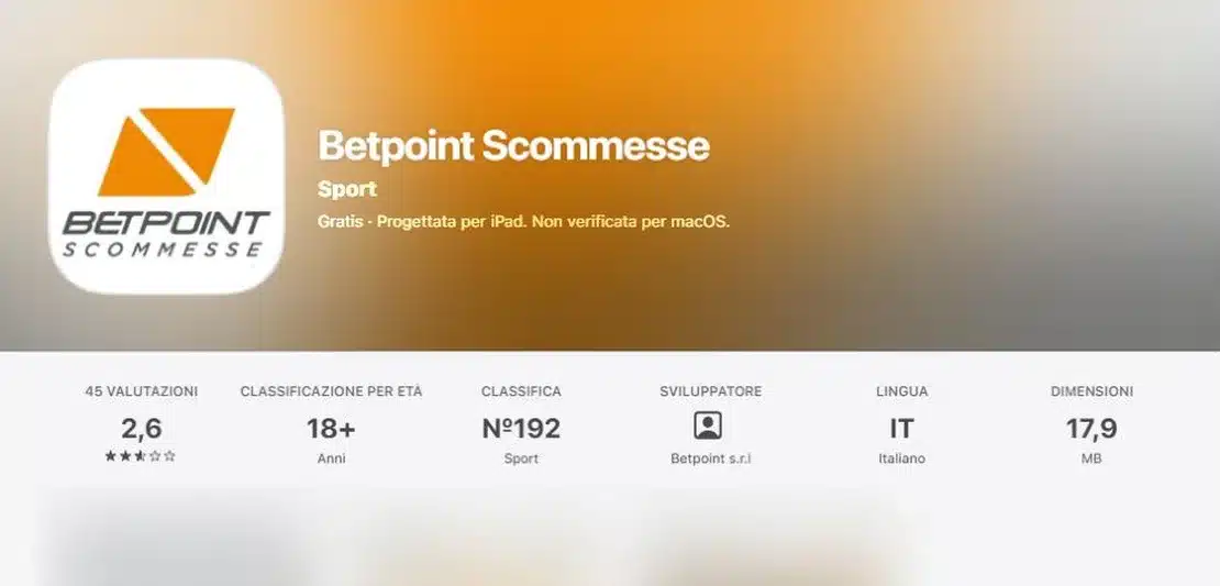 Betpoint app: la scheda Betpoint Scommesse nell’App Store italiano