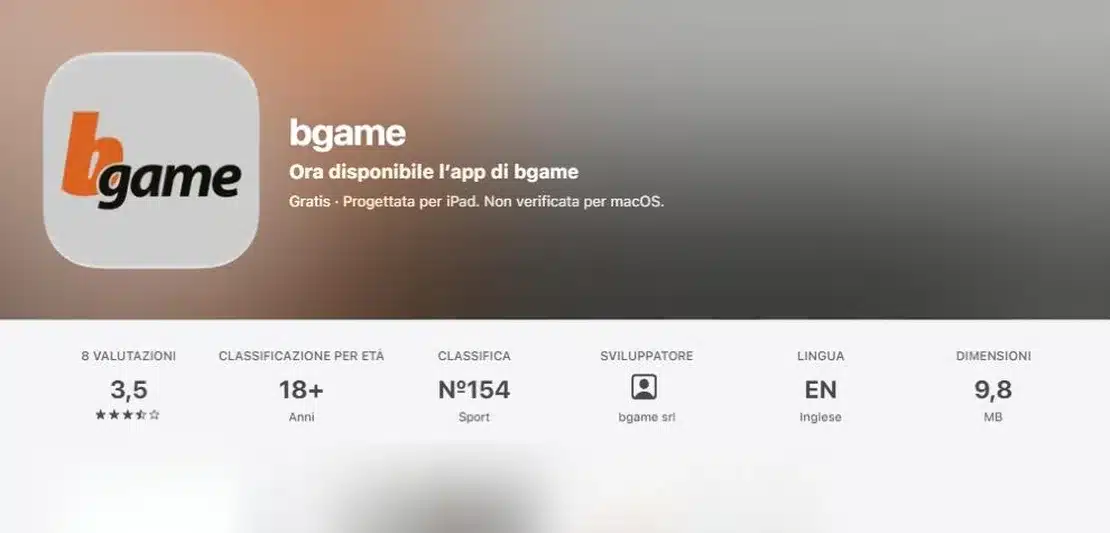 Bgame app: la scheda bgame nell’App Store italiano