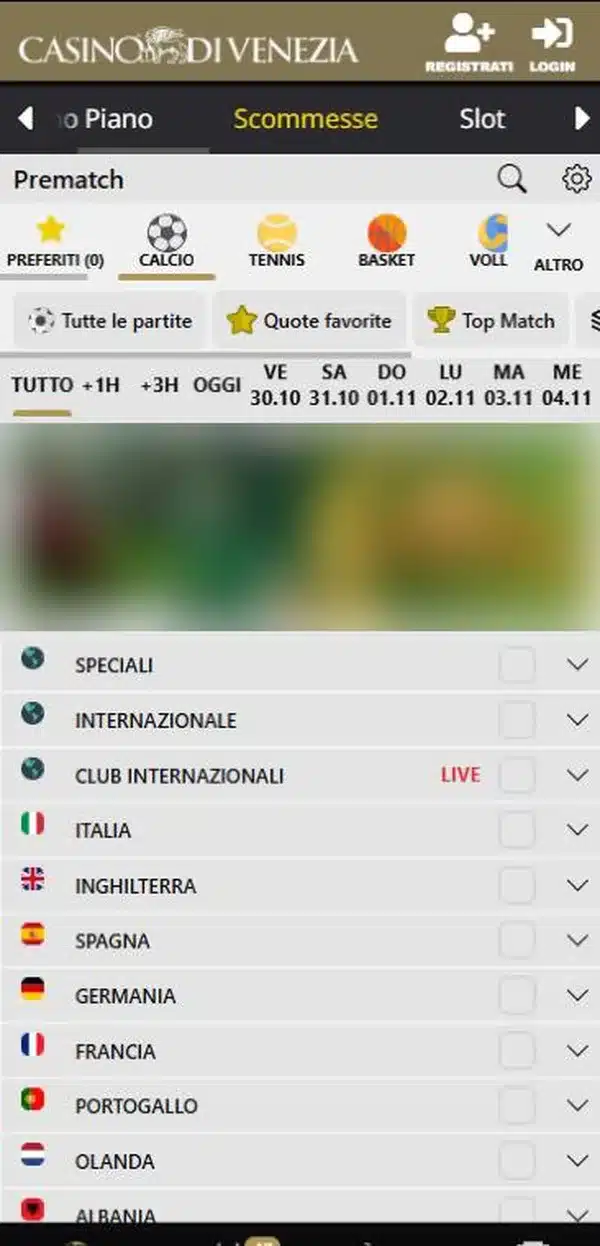 Casinò di Venezia app: la sezione Scommesse del sito aperta dallo smartphone