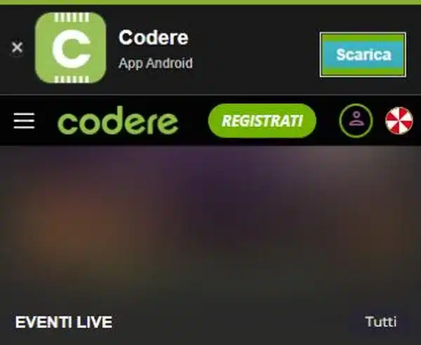 codere app per Android: il banner per scaricare l’APK sul sito mobile codere.it