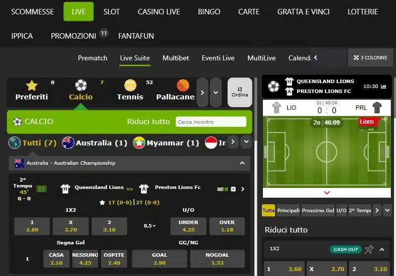 Sezione live di Codere con contatori per sport e cash out