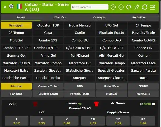 Pagina Serie A di Codere con gruppi di mercato e Betbuilder
