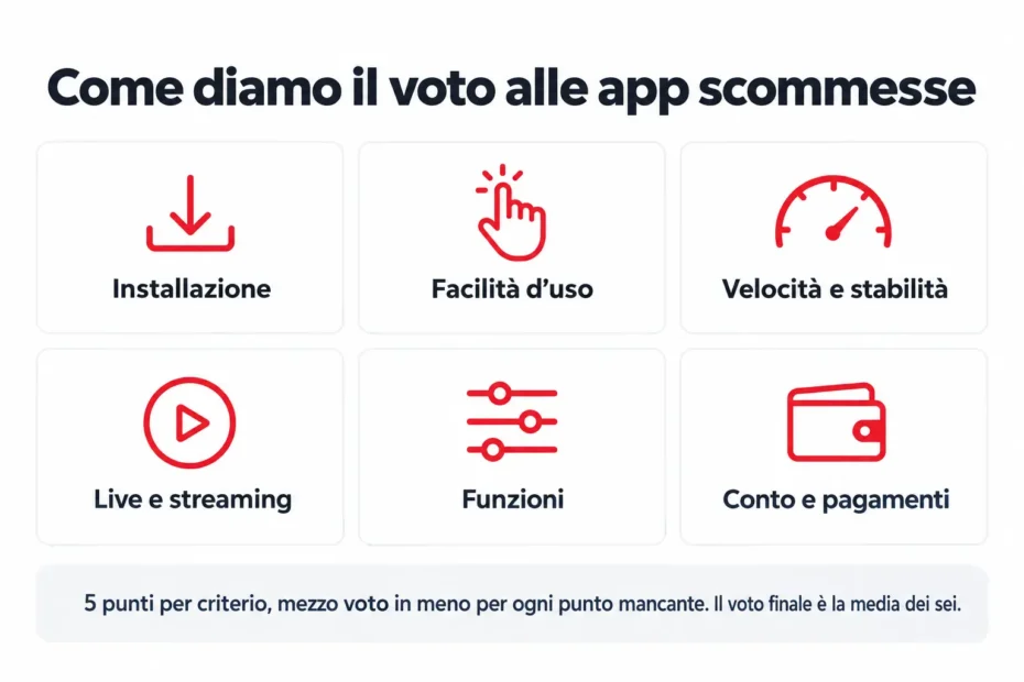 Infografica con i sei criteri con cui valutiamo le app scommesse dei bookmaker ADM, ognuno con lo stesso peso