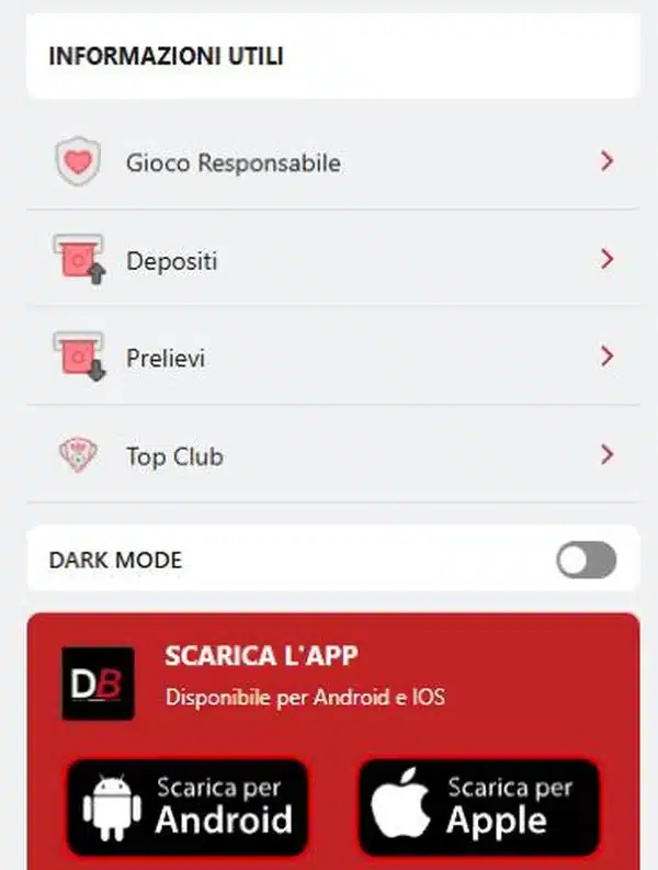 Domusbet app: il riquadro Scarica l’app con il tasto per Android nel menu laterale di domusbet.it