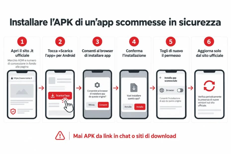 Infografica in sei passaggi su come installare in sicurezza l’APK di un’app scommesse ADM su Android