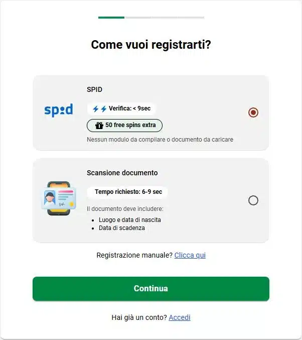 LeoVegas registrazione con SPID o con scansione del documento