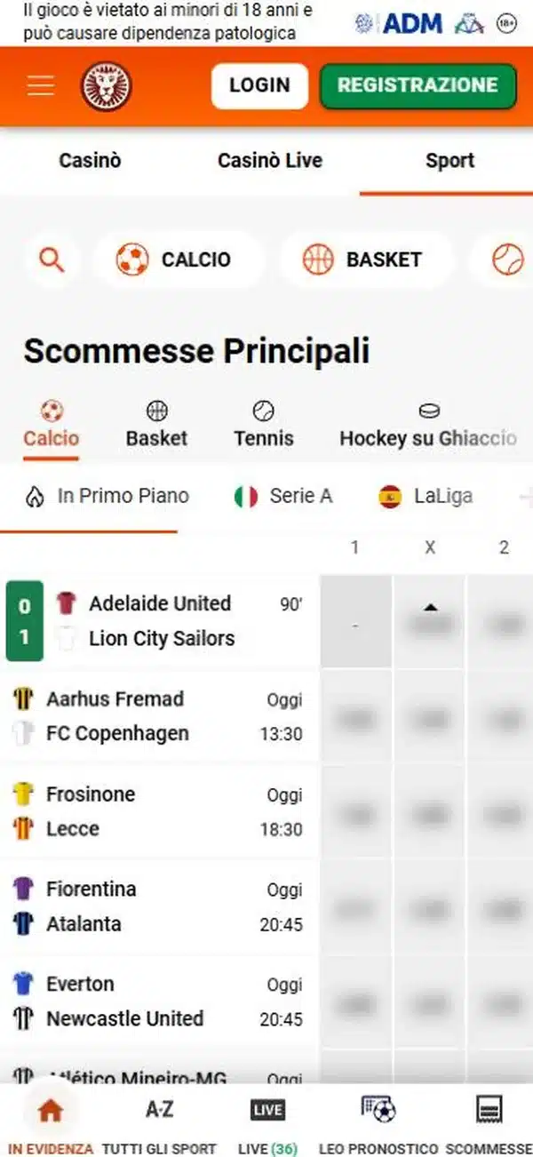 LeoVegas app su Android: la sezione Sport di leovegas.it nel browser