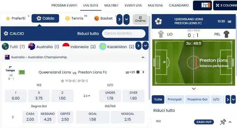 Live Suite di MyLotteriesPlay con grafica della partita ed etichetta Cash out