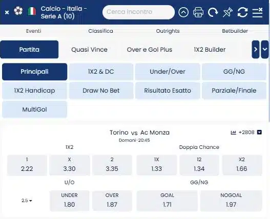 Lista Serie A di MyLotteriesPlay con filtri dei mercati e scheda Betbuilder