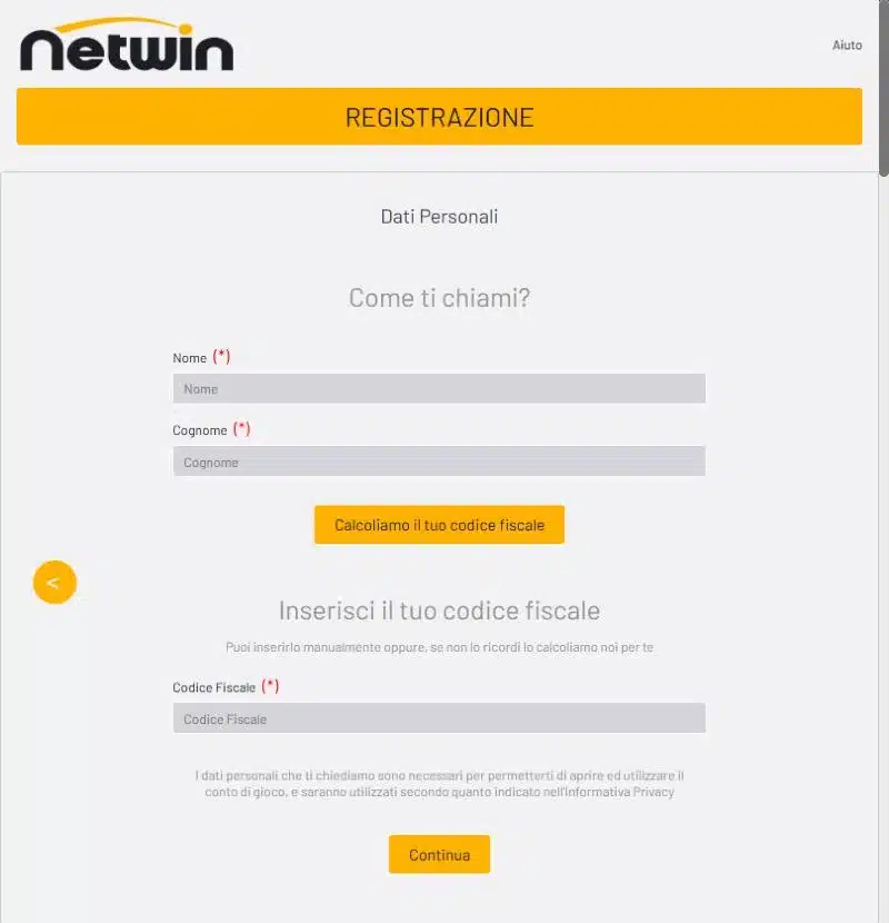 Netwin registrazione: nome, cognome e codice fiscale nel modulo