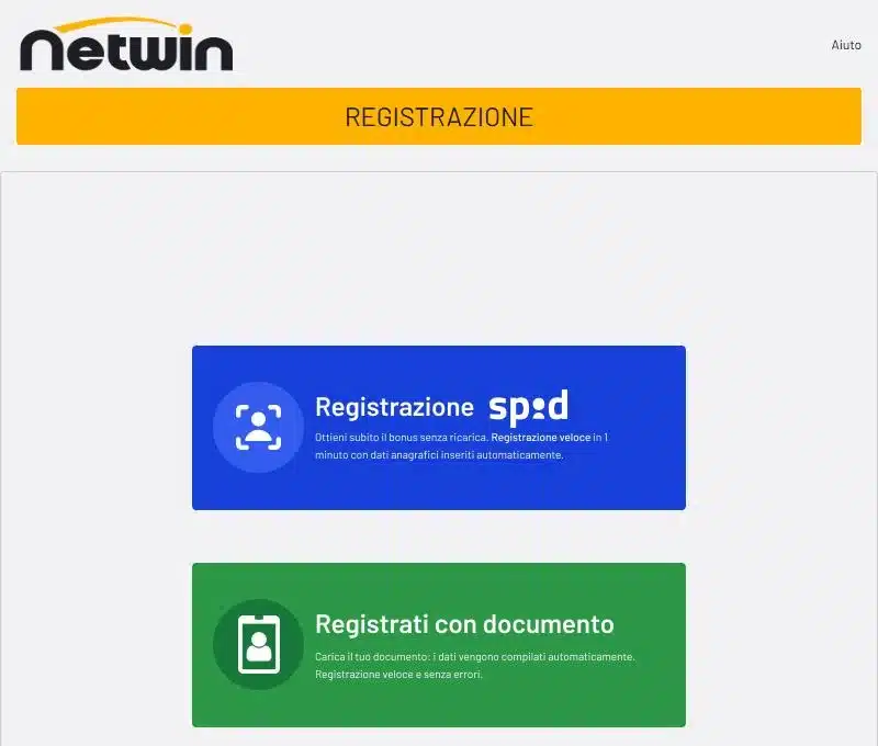 Netwin registrazione con SPID oppure con documento