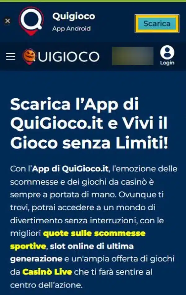 QuiGioco app: la pagina Scarica app con il download per Android