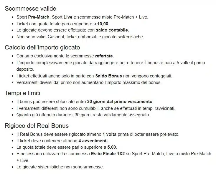 Regolamento del bonus sul primo deposito sport di Bgame: scommesse valide a quota totale 10,00, giocato pari a 5 volte il deposito entro 30 giorni, rigioco del Real Bonus con 4 avvenimenti a quota 5,00