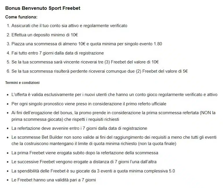 Estratto dei termini e condizioni del bonus benvenuto sport di Sportium con deposito minimo di 10 euro, scommessa a quota minima 1.80 e Freebet da usare su 3 eventi