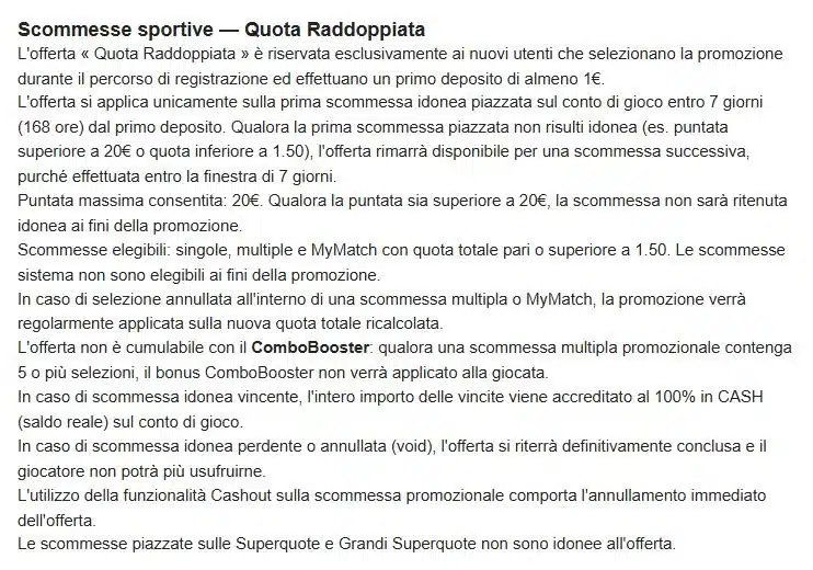 Regolamento completo della Quota Raddoppiata di Winamax: primo deposito di almeno 1 euro, puntata massima 20 euro, quota totale minima 1.50, vincite accreditate in cash