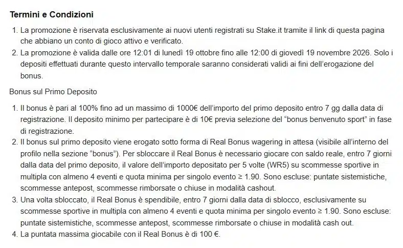 Estratto dei termini e condizioni del welcome bonus sport di Stake con deposito minimo di 10 euro, sblocco WR5 e multiple da 4 eventi a quota minima 1.90