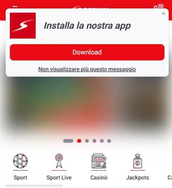 Sportium app per Android: il riquadro Installa la nostra app con il tasto Download sul sito sportium.it