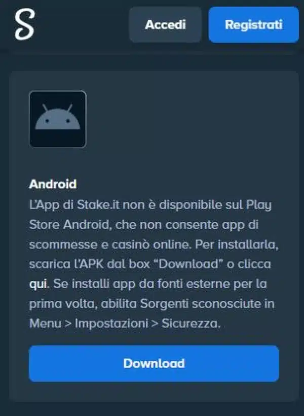 Stake app per Android: il riquadro Android con il pulsante Download dell’APK sulla pagina App Mobile di stake.it