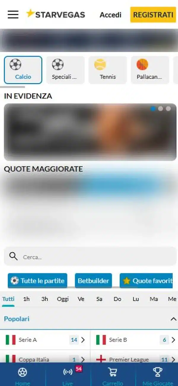 StarVegas app per Android: la sezione Scommesse di starvegas.it aperta dal browser dello smartphone