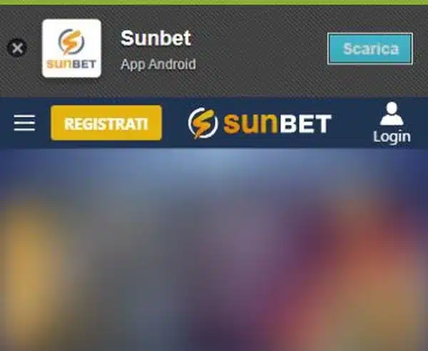 Sunbet app: il banner App Android con il pulsante Scarica sul sito mobile sunbet.it