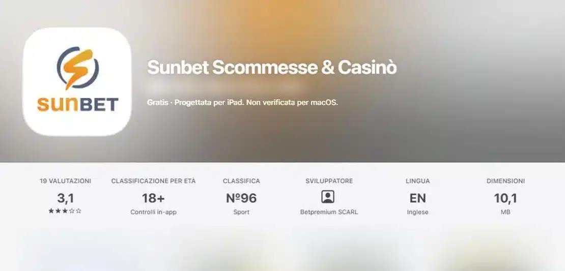 Sunbet app: la scheda “Sunbet Scommesse & Casinò” nell’App Store italiano