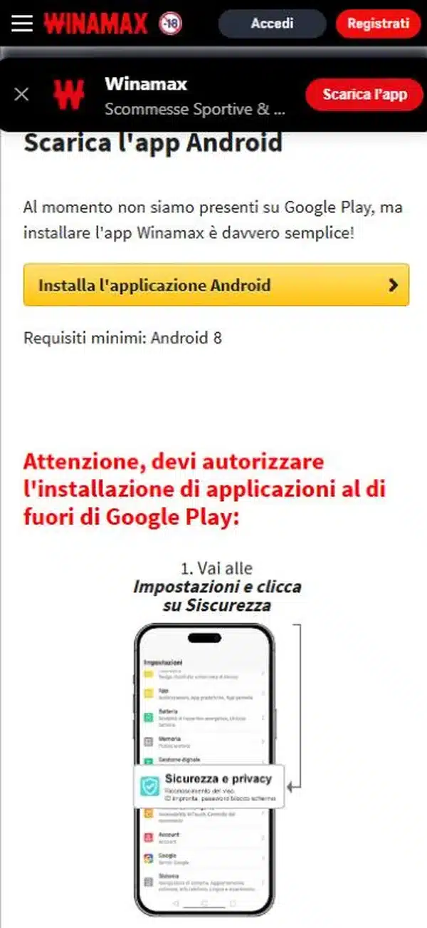Winamax app: la pagina winamax.it/android con il pulsante Installa l’applicazione Android