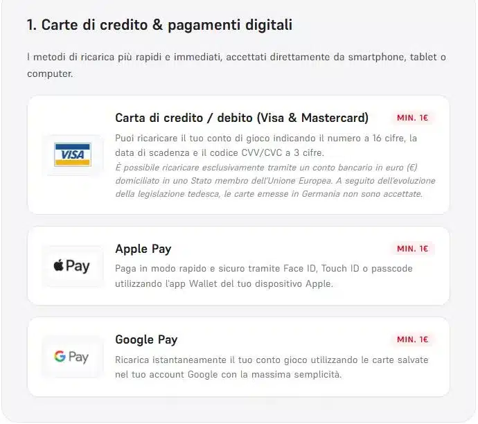 Pagina dei metodi di deposito di Winamax