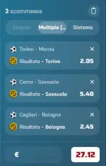 Schedina di Winamax con tre partite di Serie A in multipla