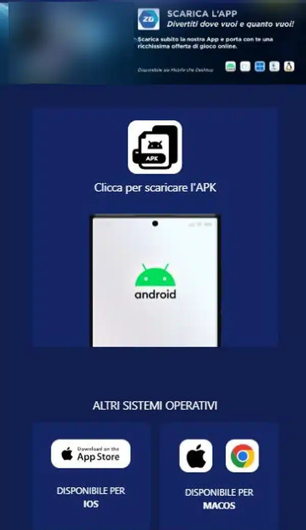 Zonagioco app: la pagina App di zonagioco.it con il pulsante per scaricare l’APK