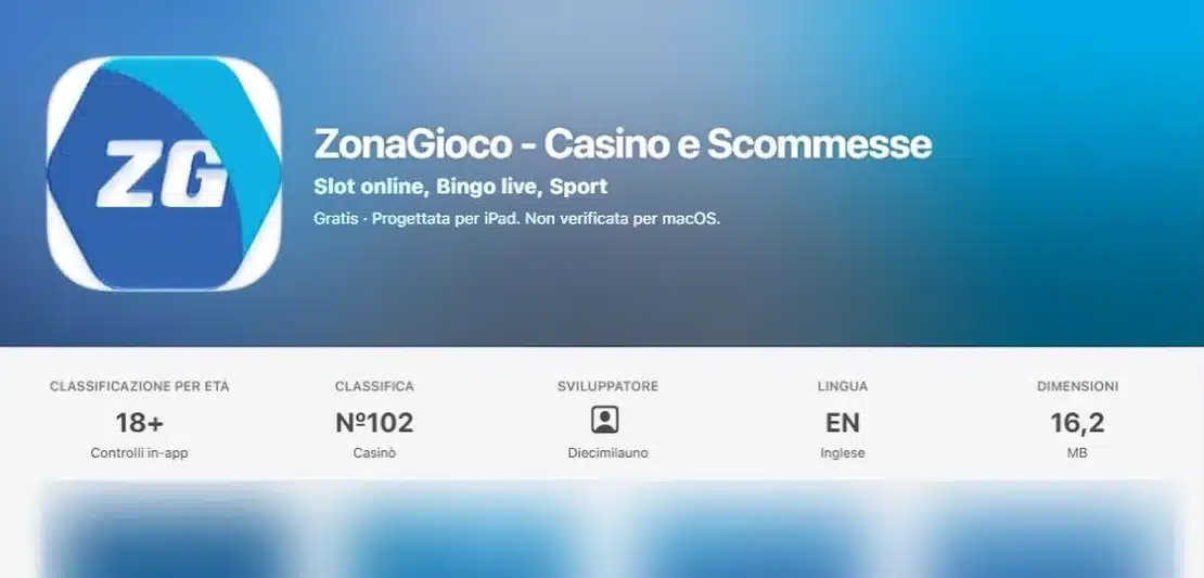 Zonagioco app: la scheda “ZonaGioco - Casino e Scommesse” nell’App Store italiano